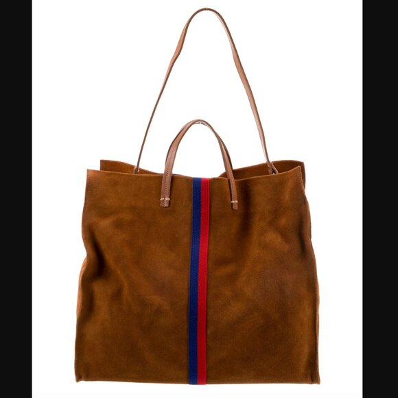 Clare V. Simple Tote Chestnut Suede Blue Red Stripe - Picture 1 of 8